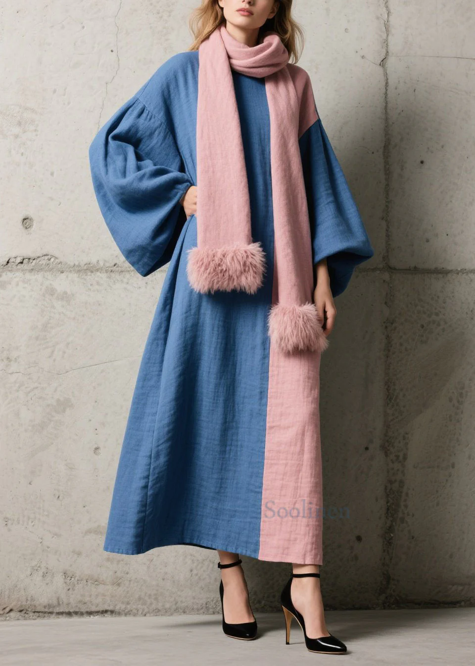 Chic Colorblock Patchwork Cotton Ankle Dress Lantern Sleeve - Image 5