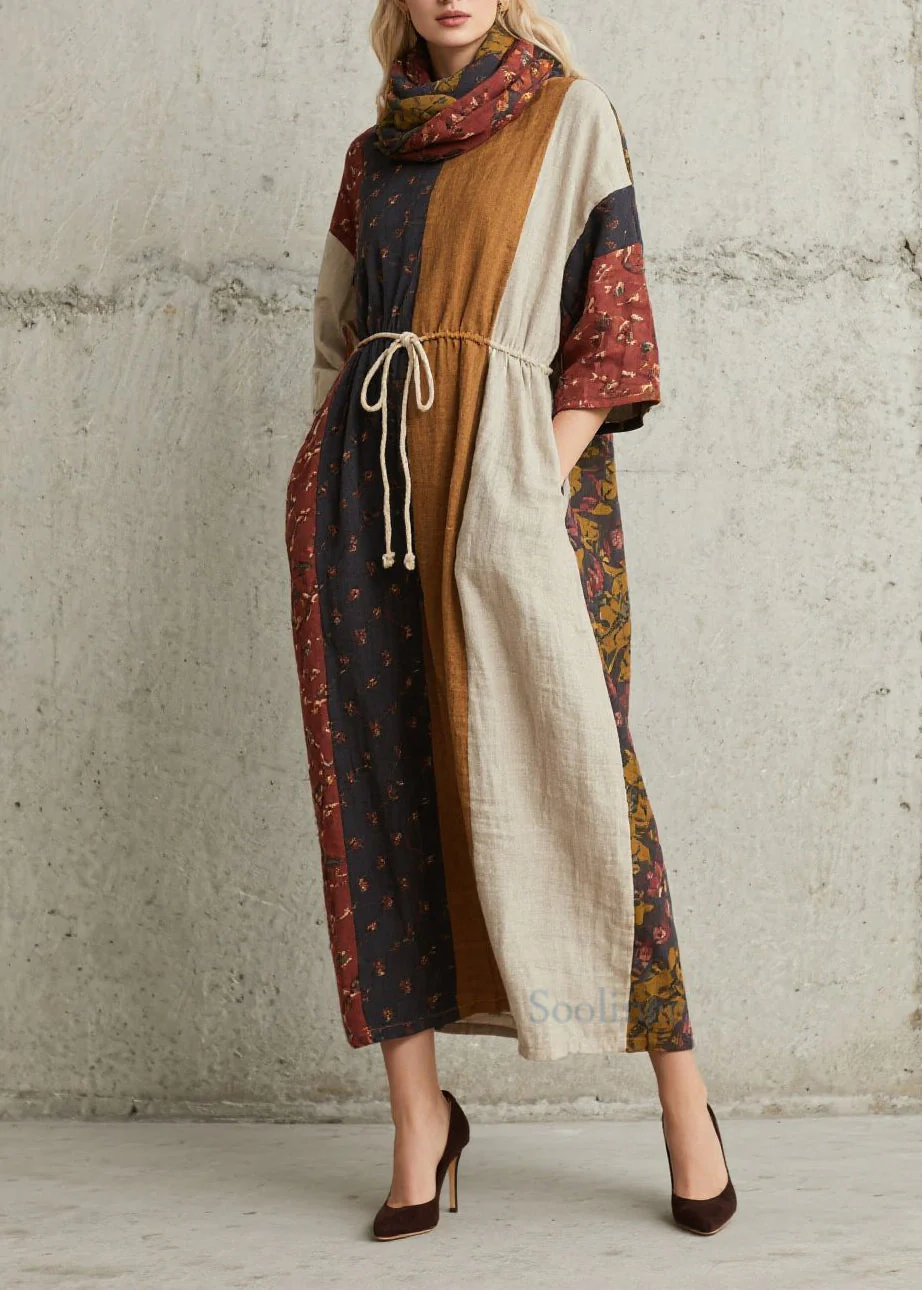Chic Colorblock Print Lace Up Cotton Dress Summer
