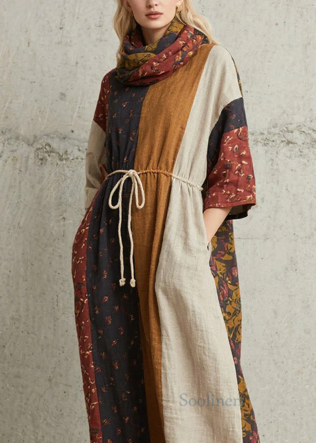 Chic Colorblock Print Lace Up Cotton Dress Summer - Image 2