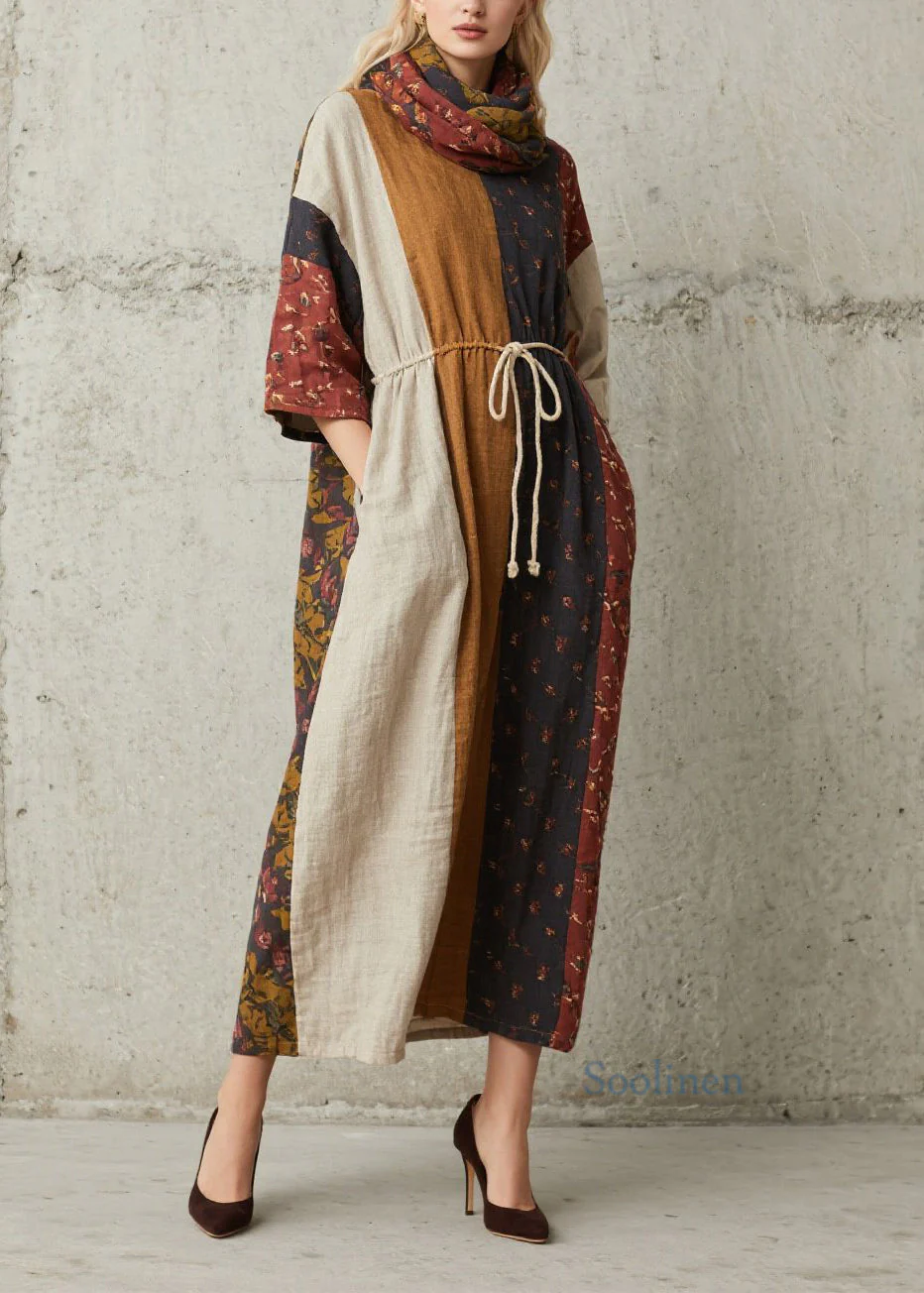 Chic Colorblock Print Lace Up Cotton Dress Summer - Image 3