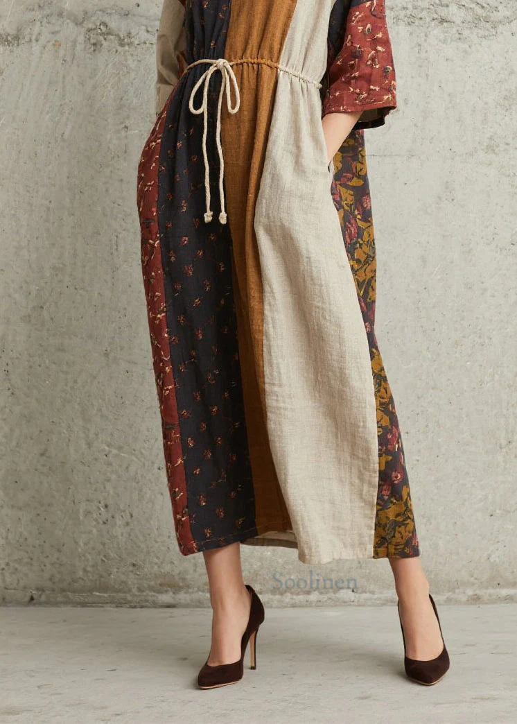 Chic Colorblock Print Lace Up Cotton Dress Summer - Image 4
