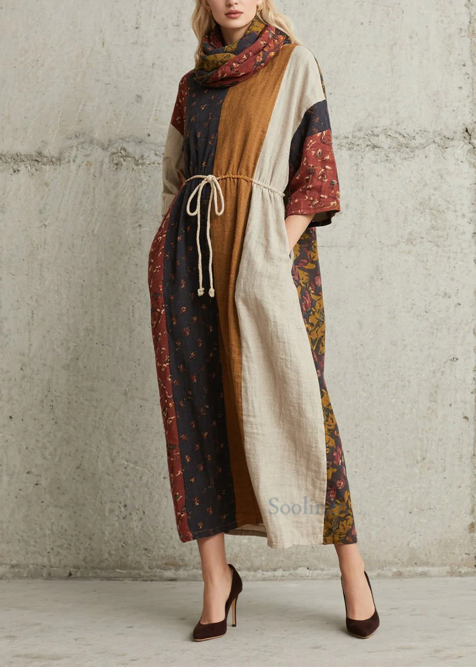 Chic Colorblock Print Lace Up Cotton Dress Summer - Image 5