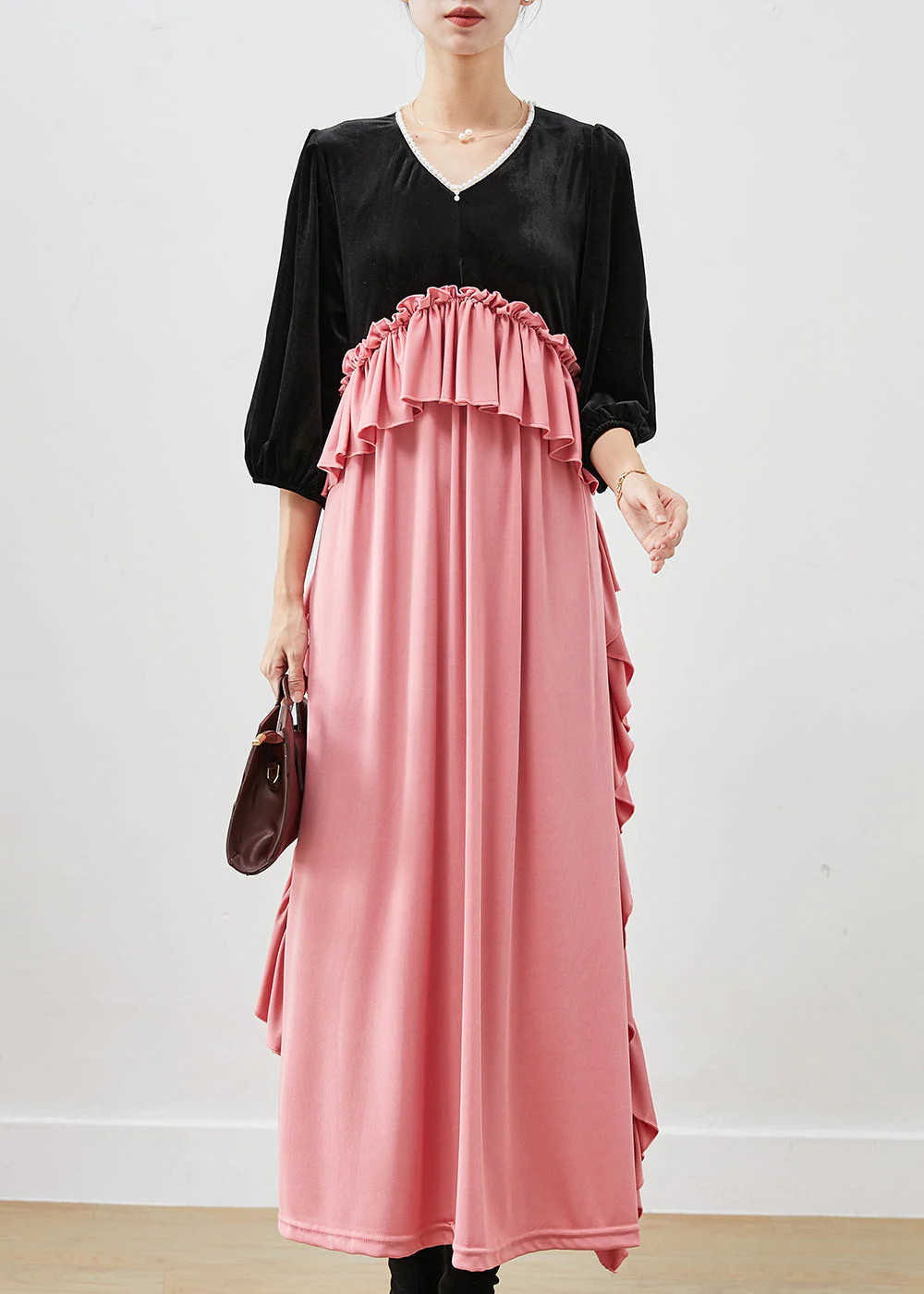 Chic Colorblock Ruffled Patchwork Silk Velour Long Dress Fall - Image 2