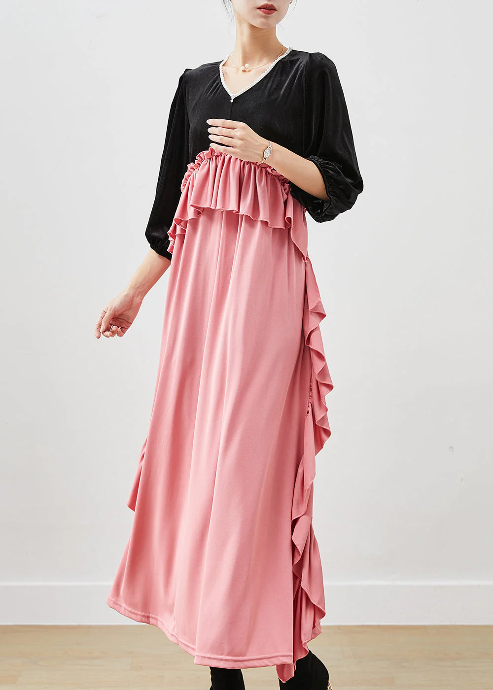 Chic Colorblock Ruffled Patchwork Silk Velour Long Dress Fall - Image 3