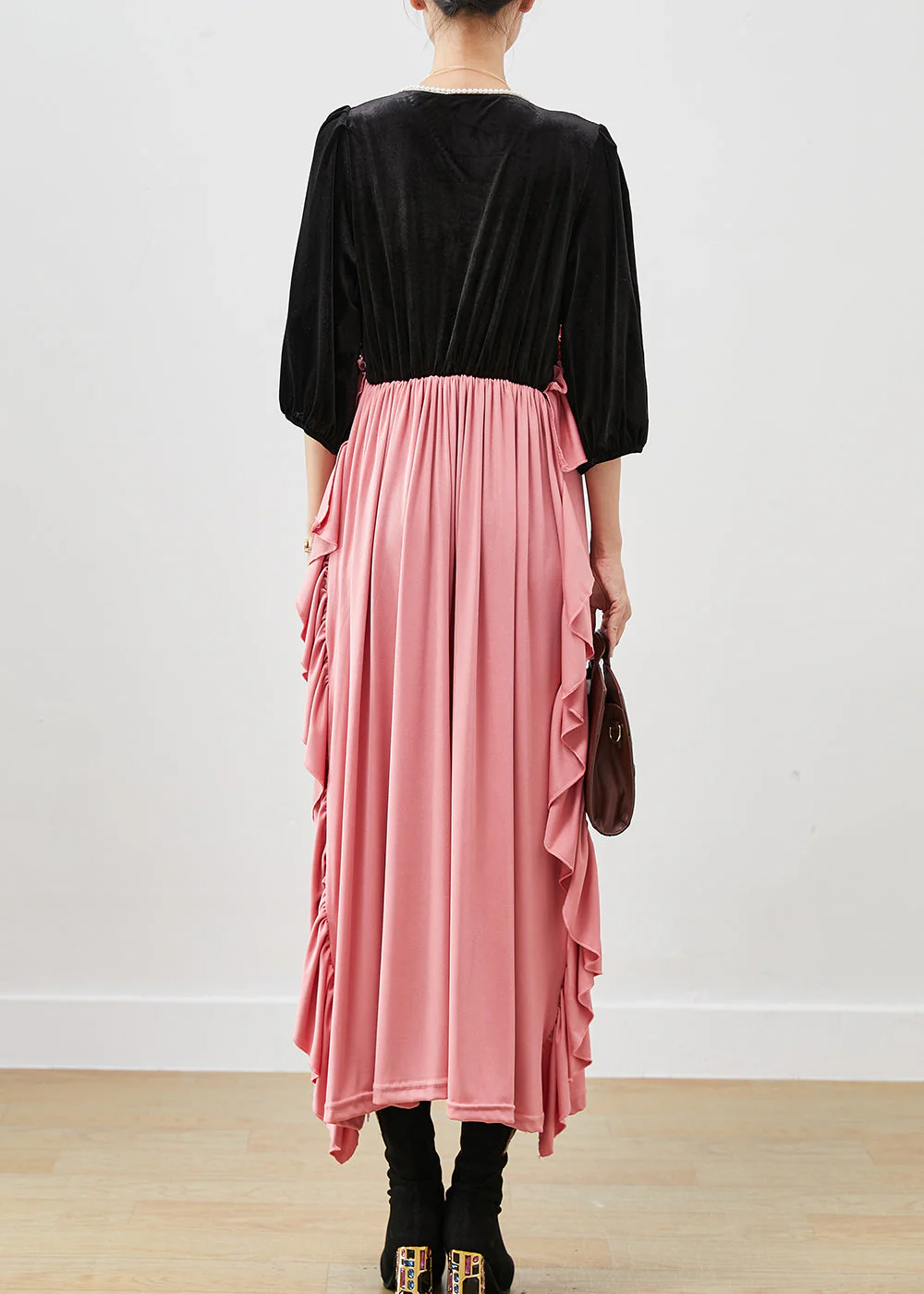 Chic Colorblock Ruffled Patchwork Silk Velour Long Dress Fall - Image 4
