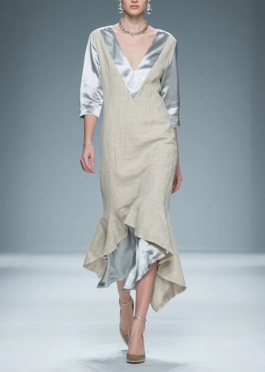 Chic Colorblock V Neck Patchwork Linen Silk Long Dresses Summer