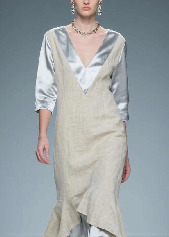 Chic Colorblock V Neck Patchwork Linen Silk Long Dresses Summer - Image 2