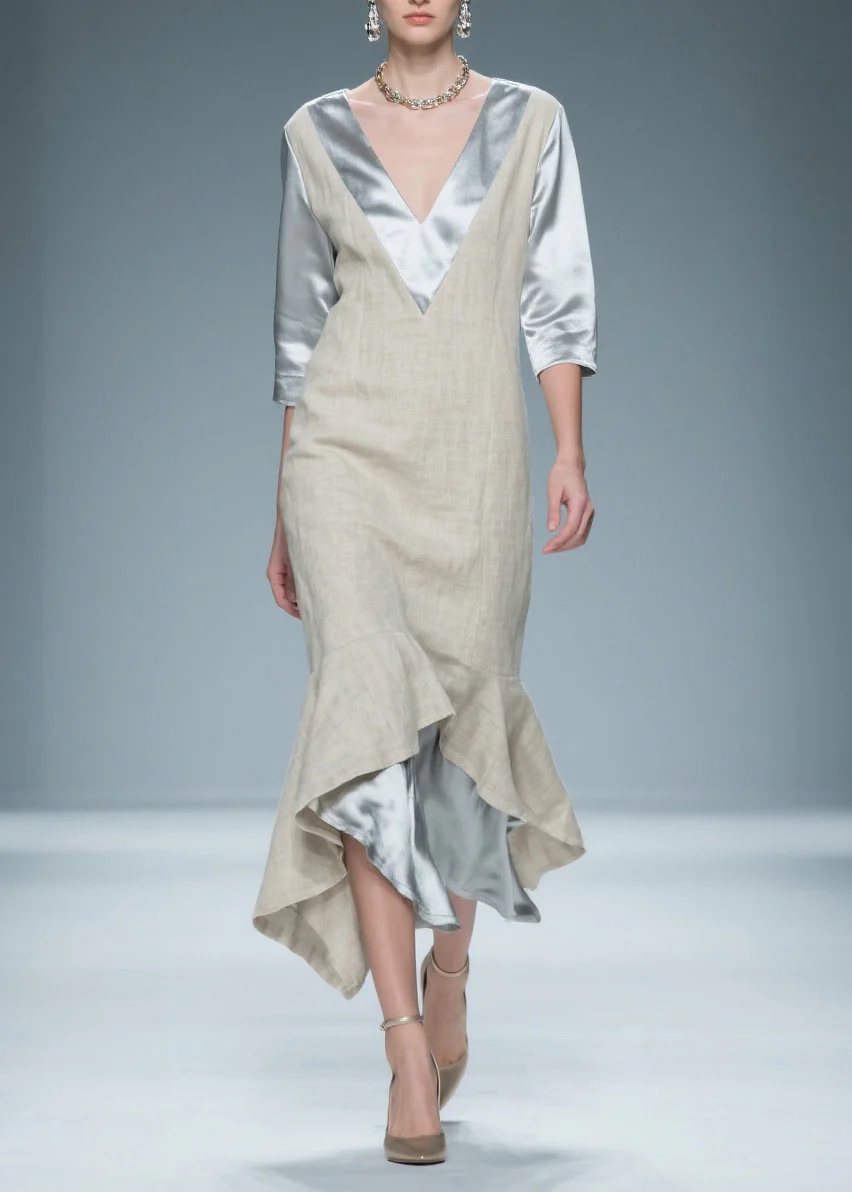 Chic Colorblock V Neck Patchwork Linen Silk Long Dresses Summer - Image 3