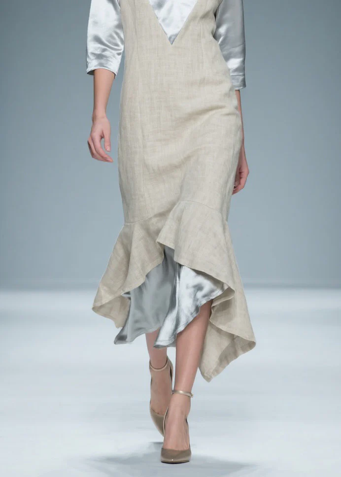 Chic Colorblock V Neck Patchwork Linen Silk Long Dresses Summer - Image 4