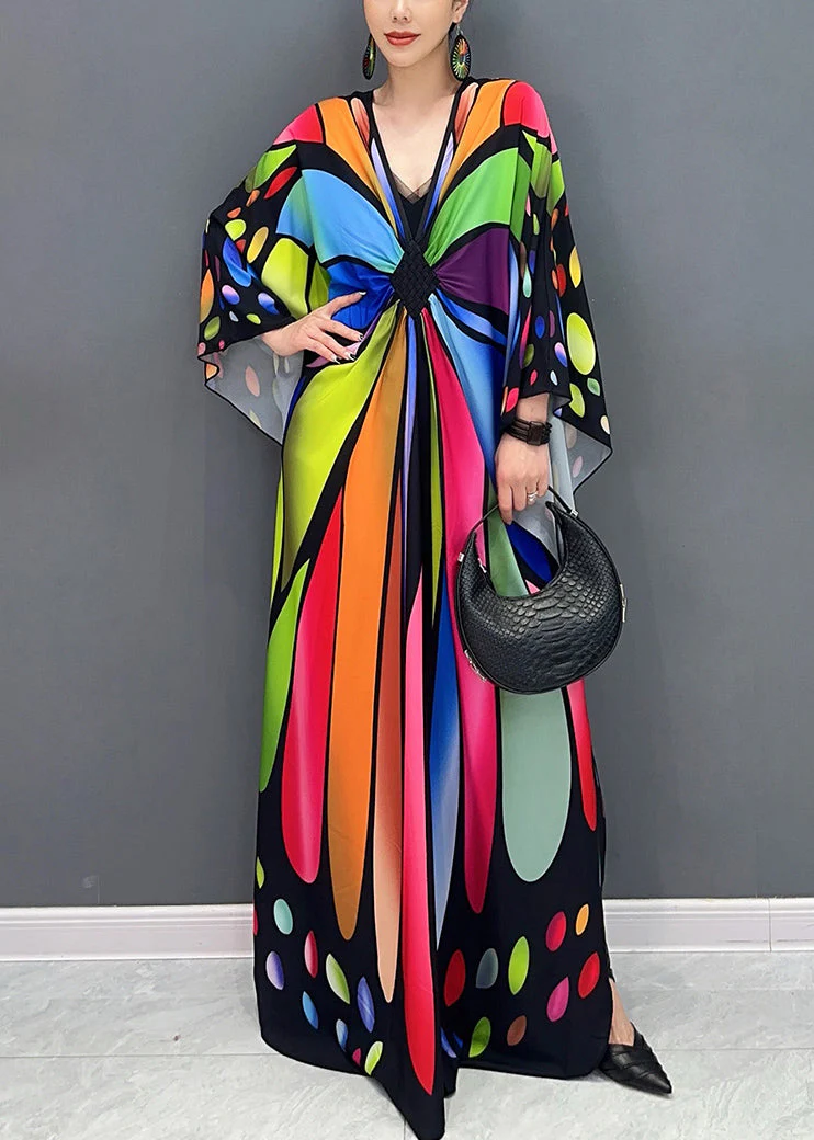 Chic Colorblock V Neck Print Cotton Maxi Dresses Batwing Sleeve - Image 2