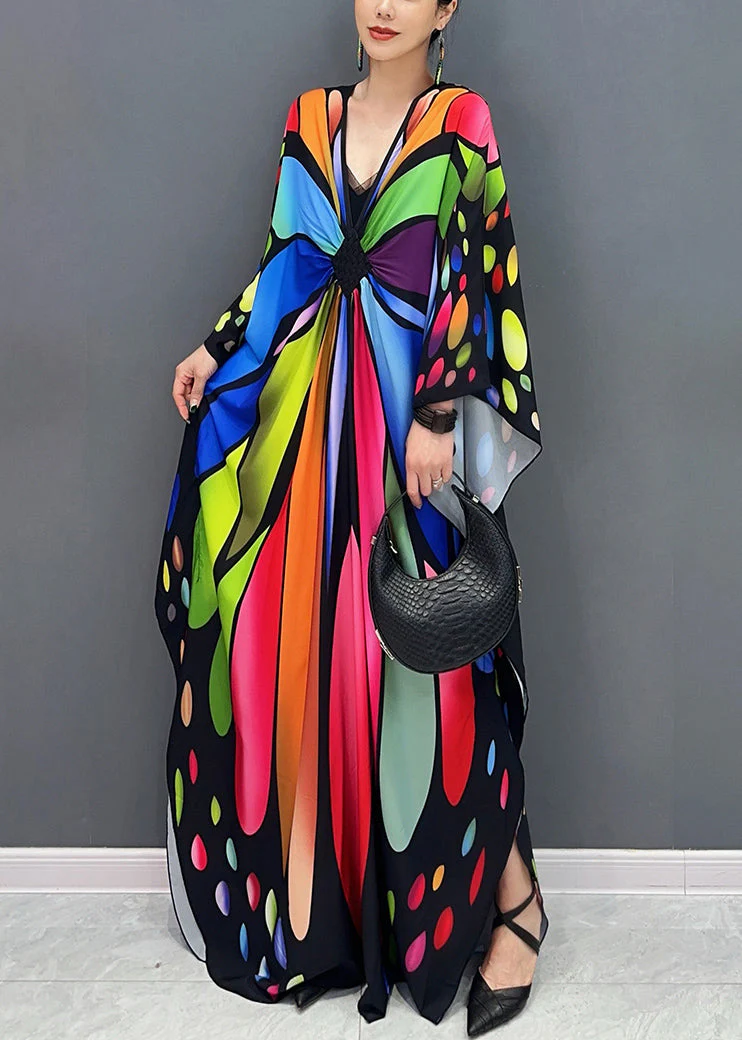 Chic Colorblock V Neck Print Cotton Maxi Dresses Batwing Sleeve - Image 4