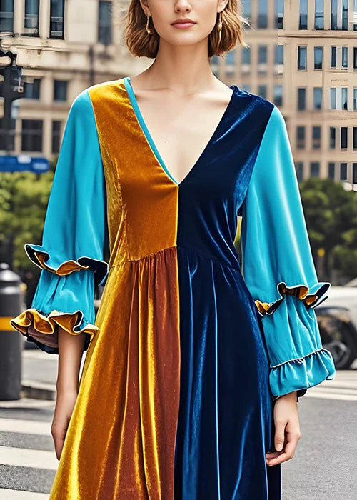 Chic Colorblock V Neck Ruffled Patchwork Velvet Dress Fall - Image 3