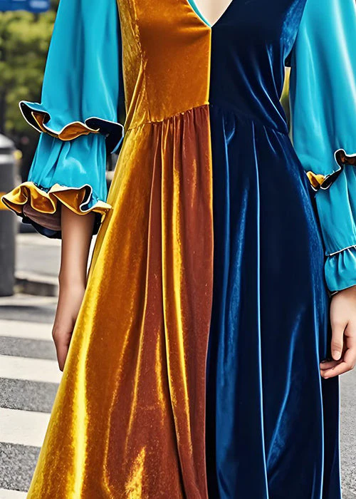 Chic Colorblock V Neck Ruffled Patchwork Velvet Dress Fall - Image 4