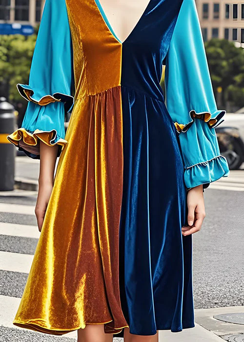 Chic Colorblock V Neck Ruffled Patchwork Velvet Dress Fall - Image 5