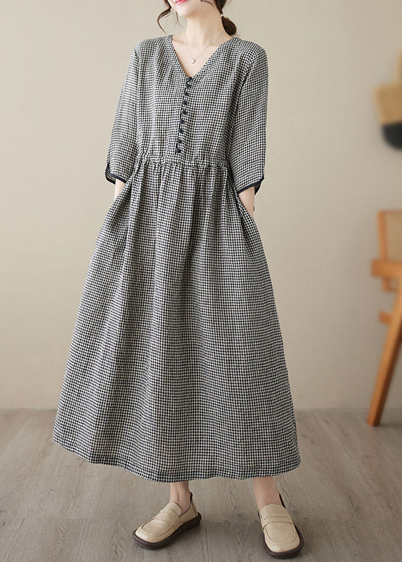 Chic dark blue V Neck Plaid Patchwork Button Linen Maxi Dresses Summer - Image 6