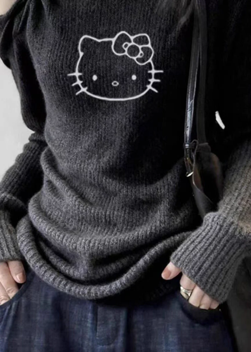 Chic Dark Grey Cold Shoulder Print Cotton Knit Sweater Tops Spring - Image 5