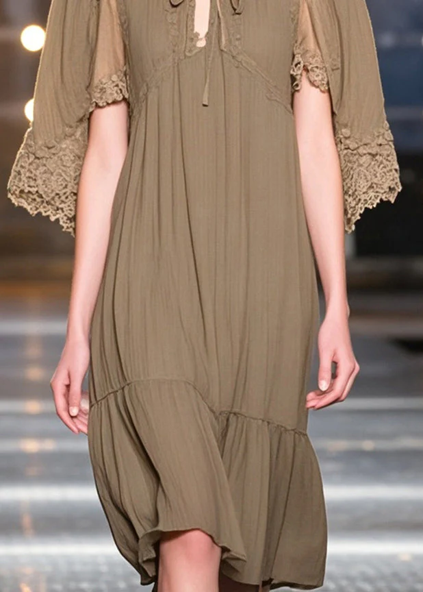 Chic Dark Khaki Lace Up Cotton Tea Dresses Cloak Sleeves - Image 4