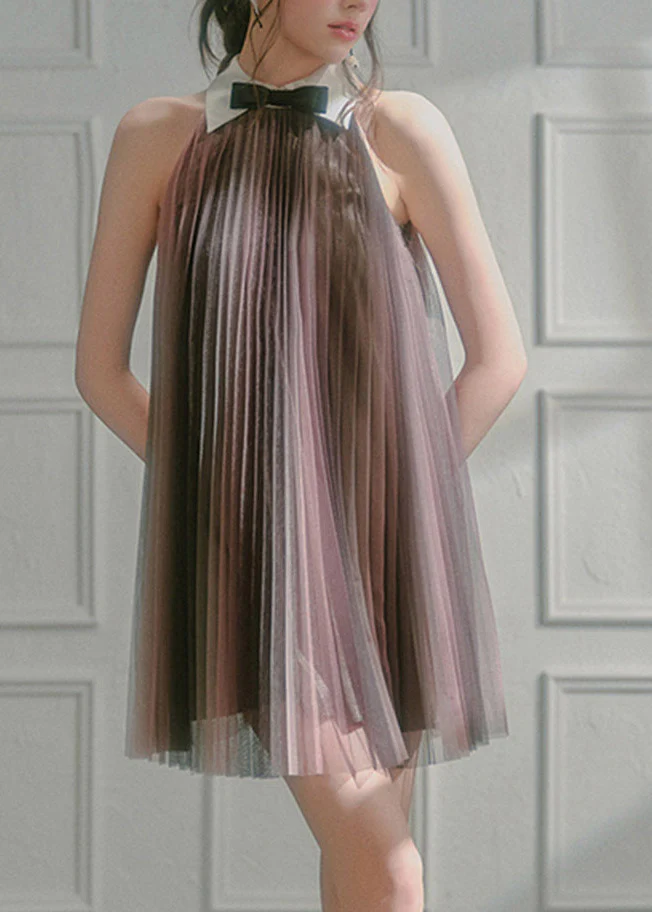 Chic Dark Pink Peter Pan Collar Patchwork Silk Mid Dresses Sleeveless - Image 3
