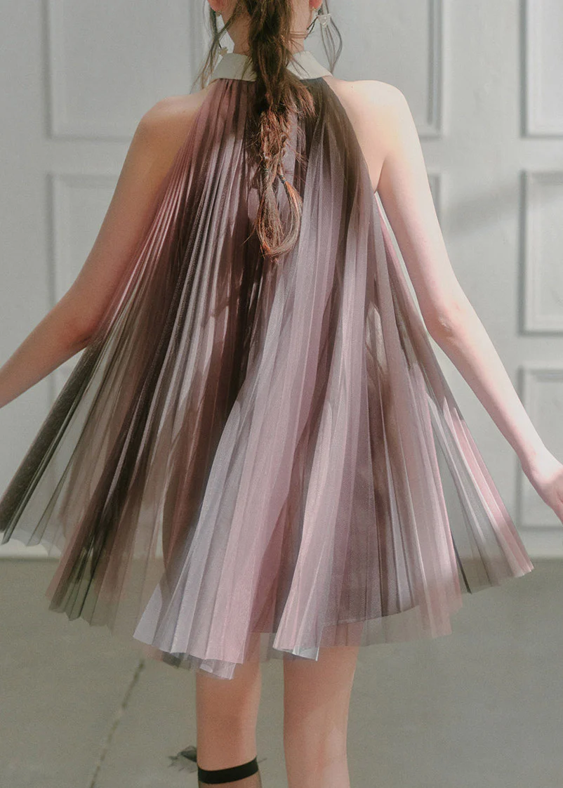Chic Dark Pink Peter Pan Collar Patchwork Silk Mid Dresses Sleeveless - Image 5
