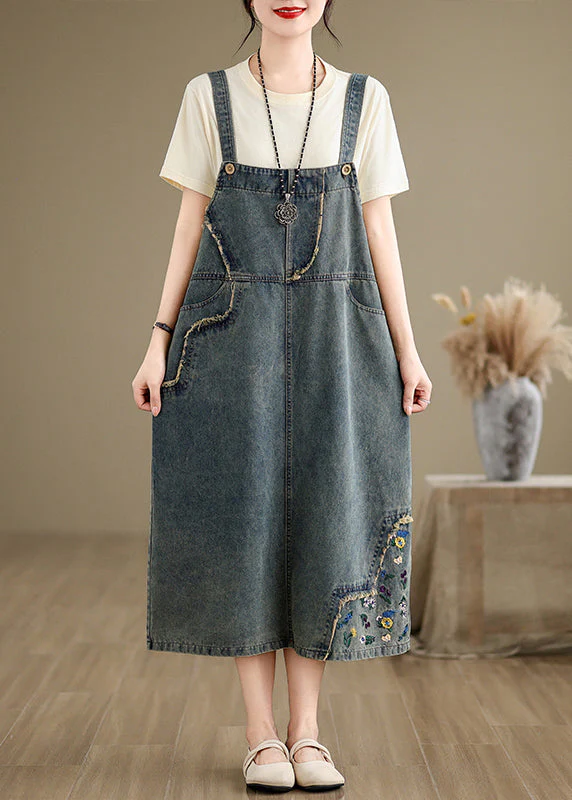 Chic Denim Grey Embroidered Patchwork Spaghetti Strap Dress Sleeveless - Image 2