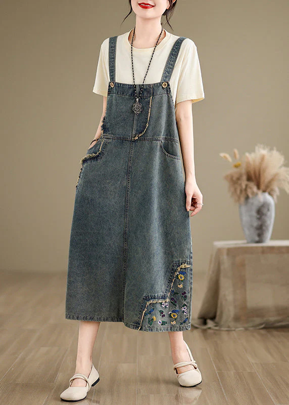 Chic Denim Grey Embroidered Patchwork Spaghetti Strap Dress Sleeveless - Image 3