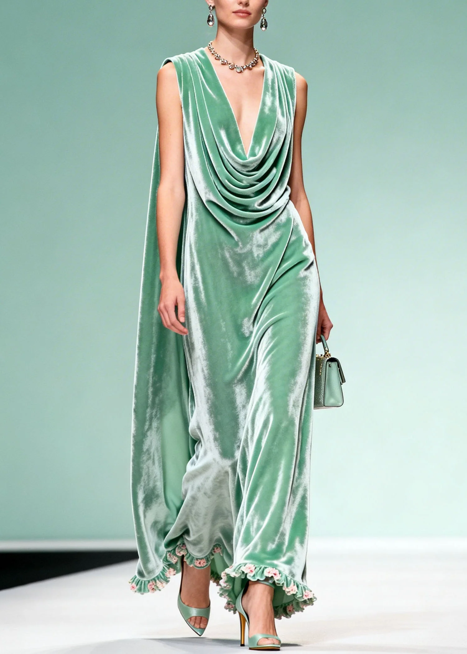Chic Draped Neckline Ruffled Floral Patchwork Velvet Dress Sleeveless - Image 3