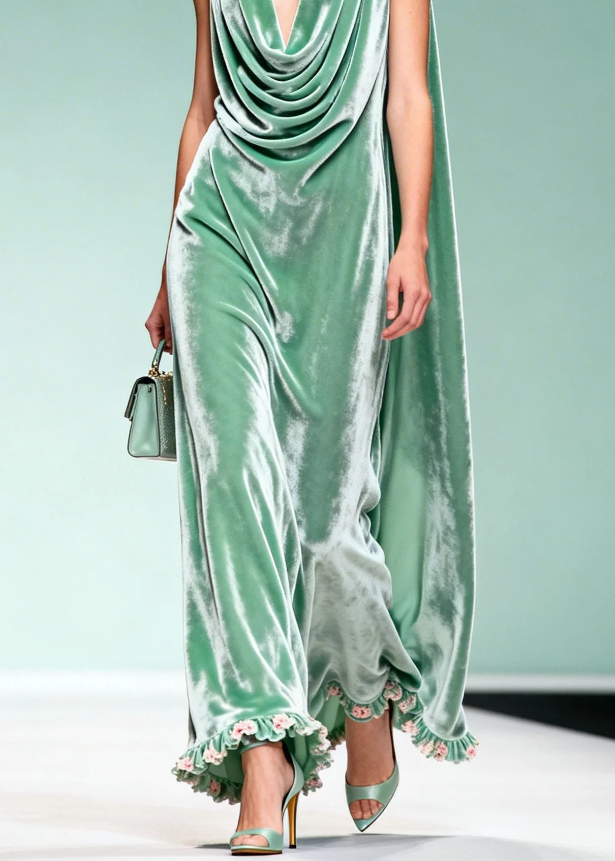Chic Draped Neckline Ruffled Floral Patchwork Velvet Dress Sleeveless - Image 4