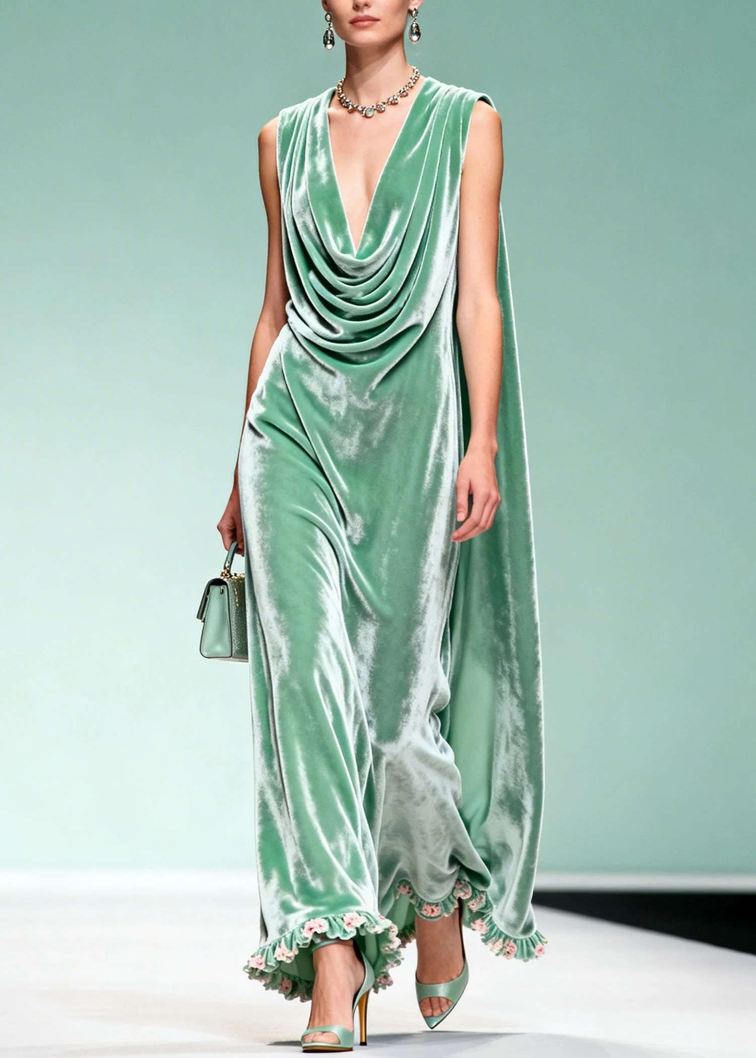 Chic Draped Neckline Ruffled Floral Patchwork Velvet Dress Sleeveless - Image 5