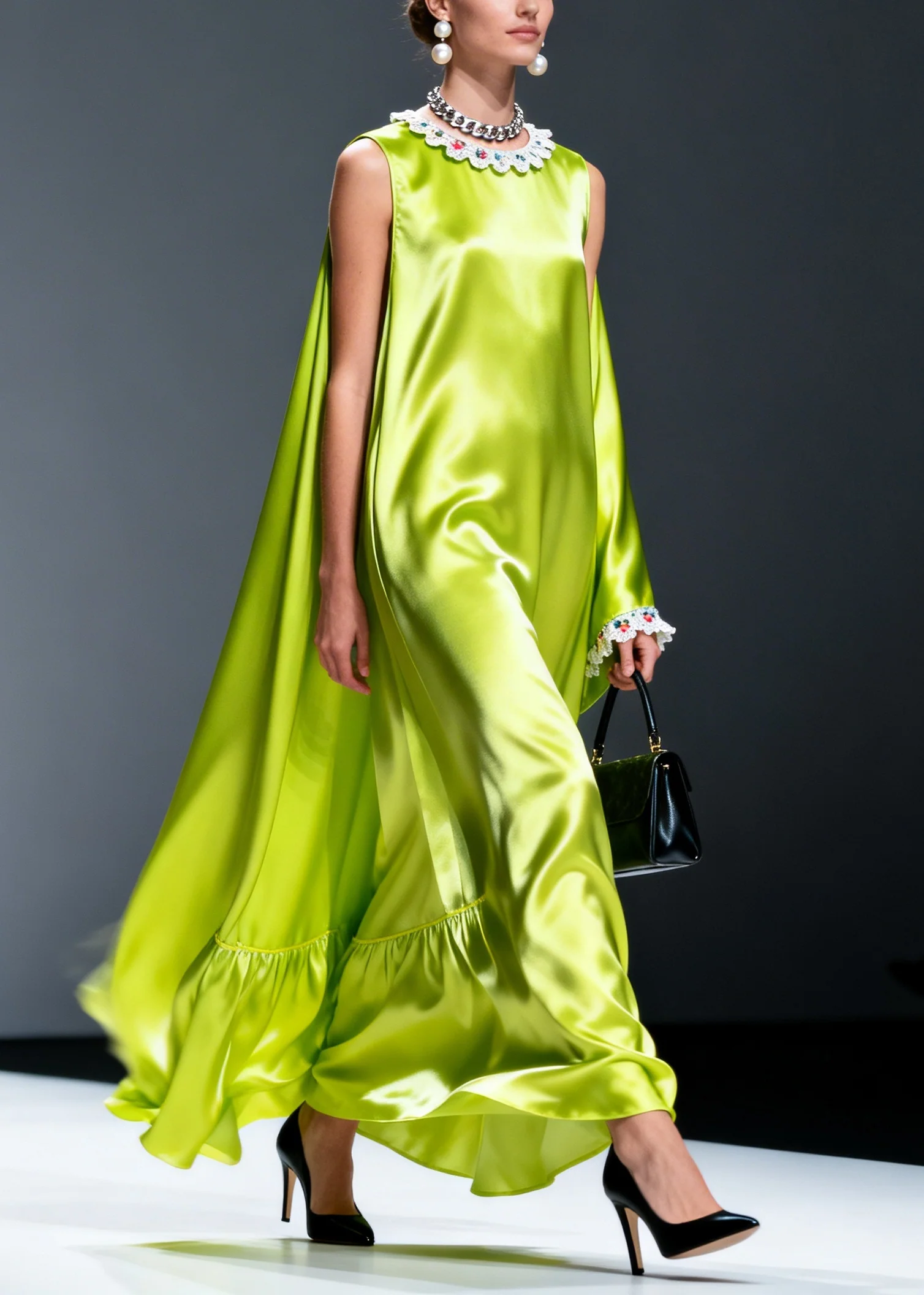 Chic Fluorescent Green Oversized Draping Silk Dresses Sleeveless