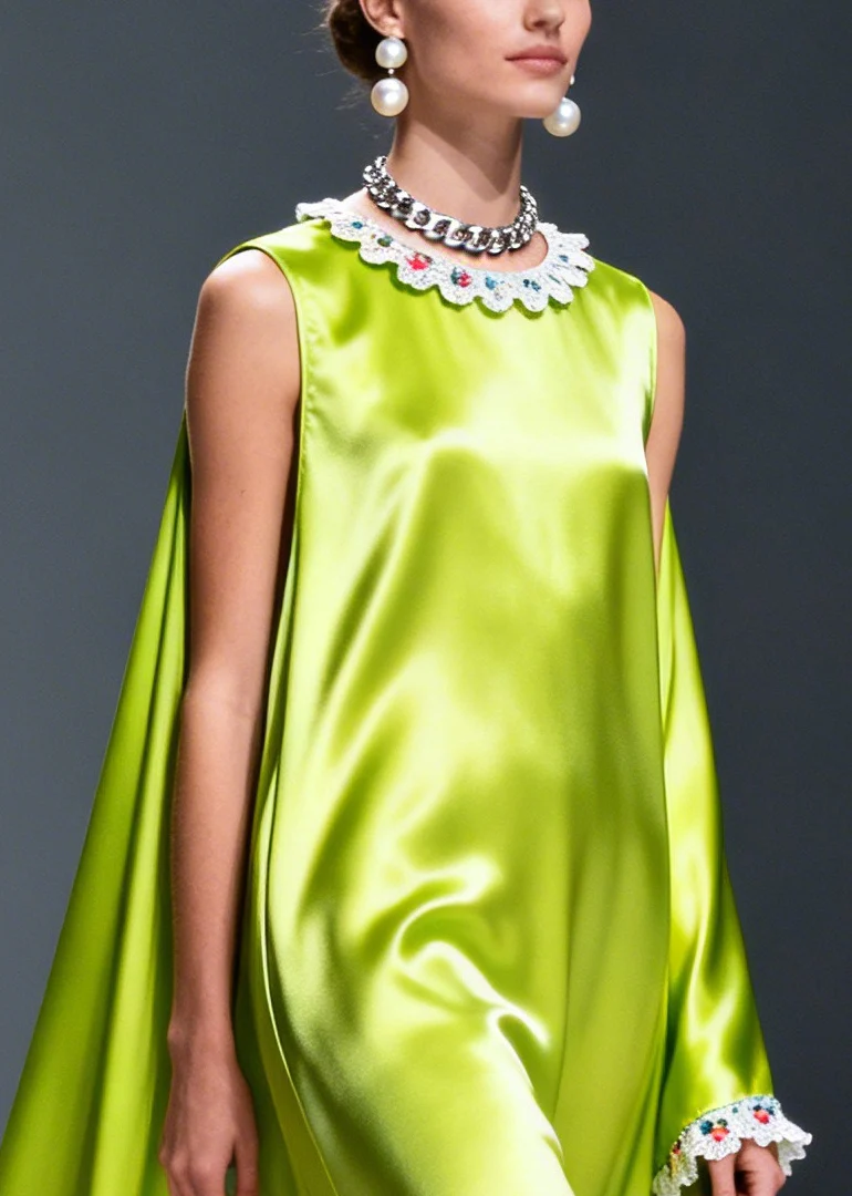 Chic Fluorescent Green Oversized Draping Silk Dresses Sleeveless - Image 2