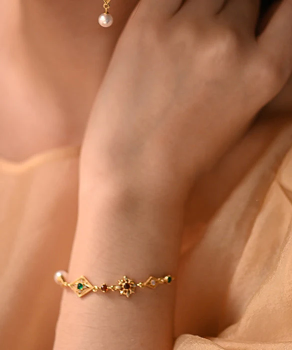 Chic Geometric Pearl Gem Stone Adjustable Gold Plated Bracelet - Image 2