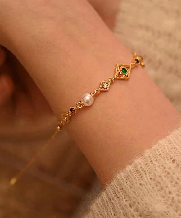 Chic Geometric Pearl Gem Stone Adjustable Gold Plated Bracelet - Image 4