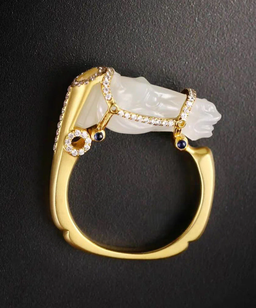 Chic Gold Horse Head Jade Zircon 14K Gold Rings - Image 3