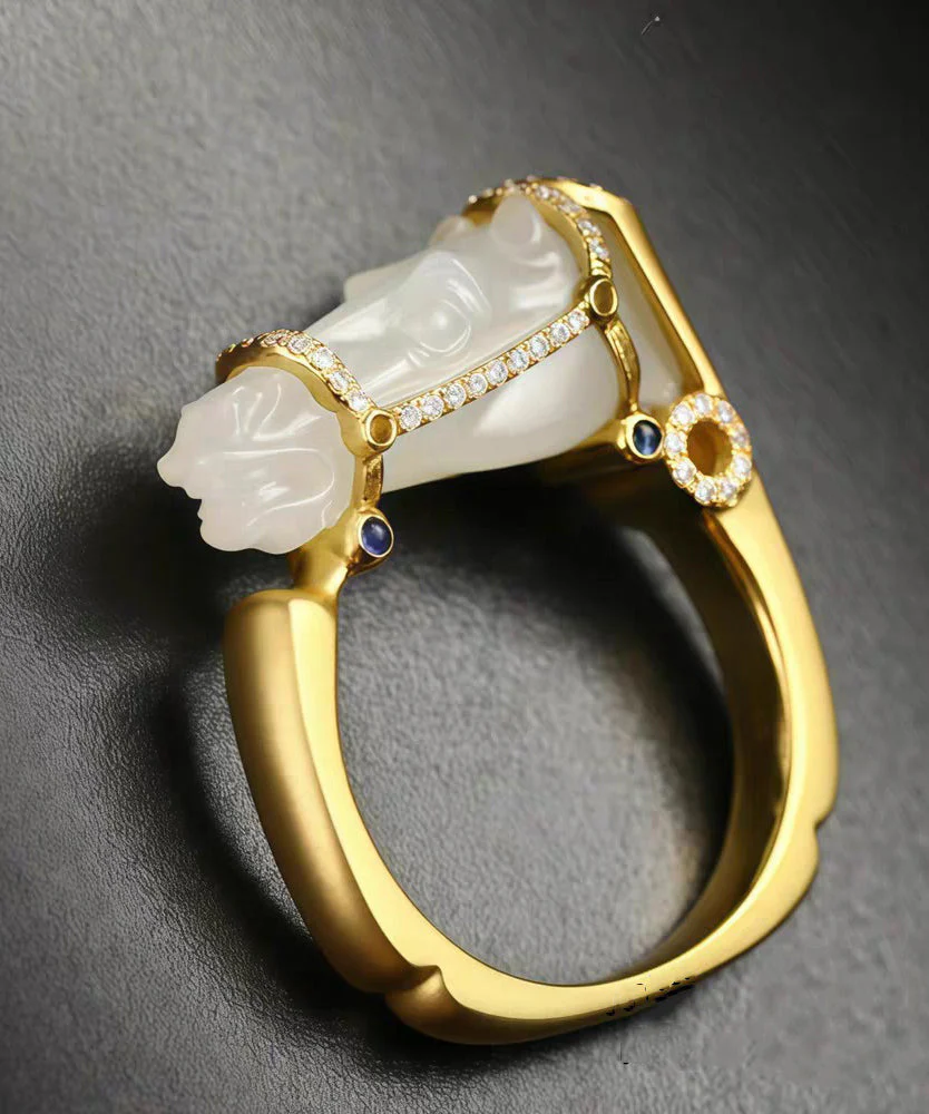 Chic Gold Horse Head Jade Zircon 14K Gold Rings - Image 4