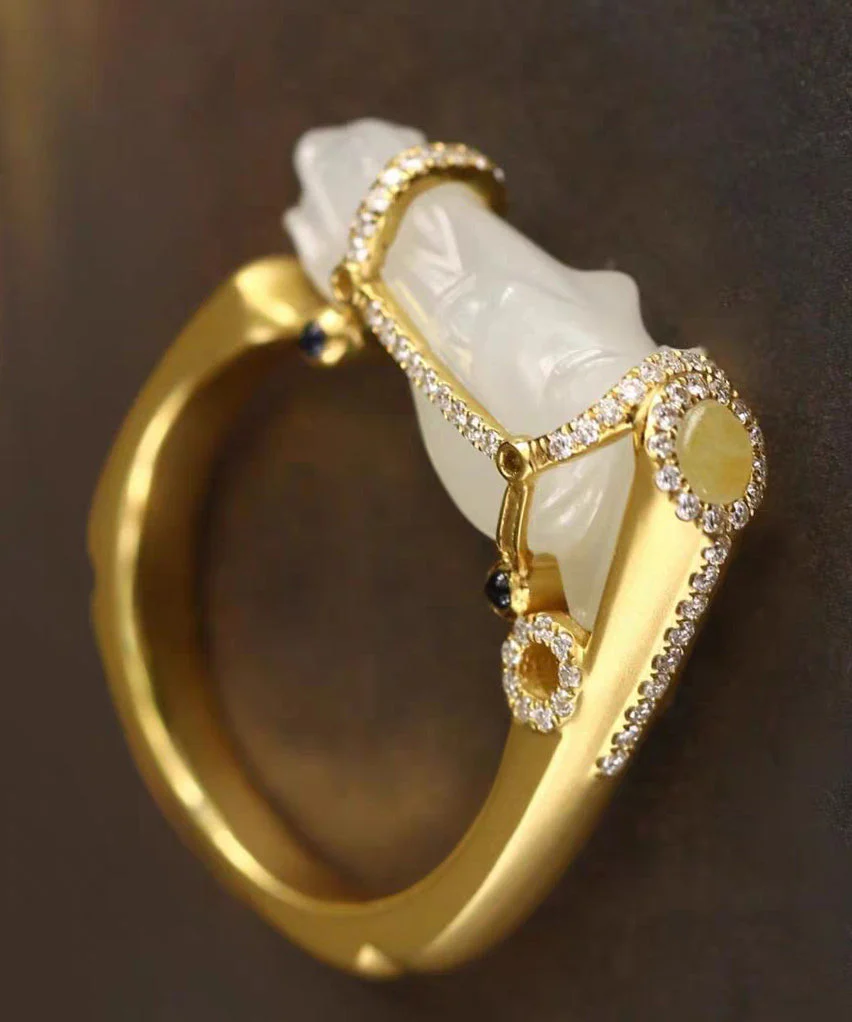 Chic Gold Horse Head Jade Zircon 14K Gold Rings - Image 5