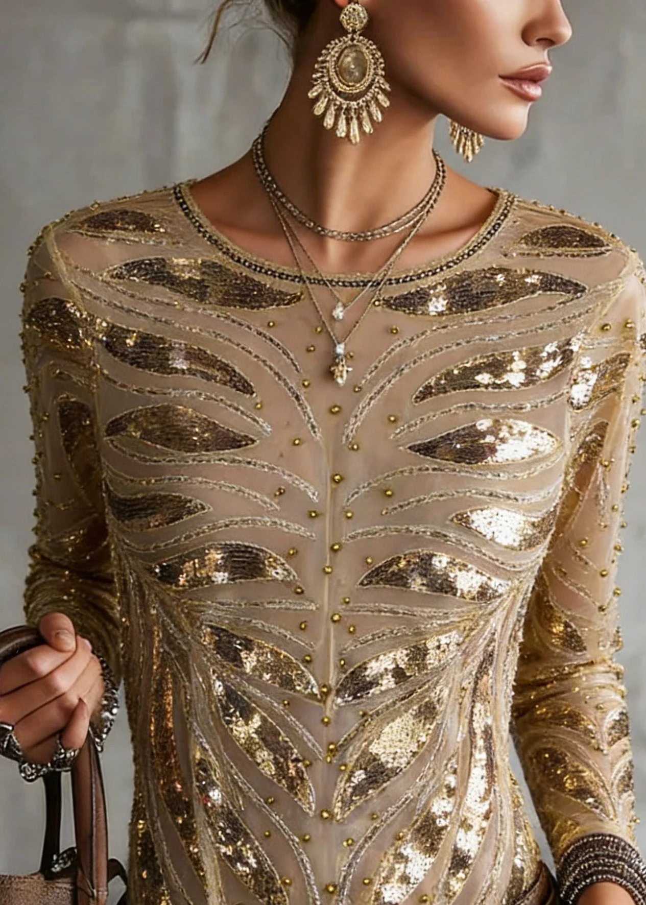 Chic Gold O Neck Nail Bead Slim Fit Tulle Top Spring - Image 2