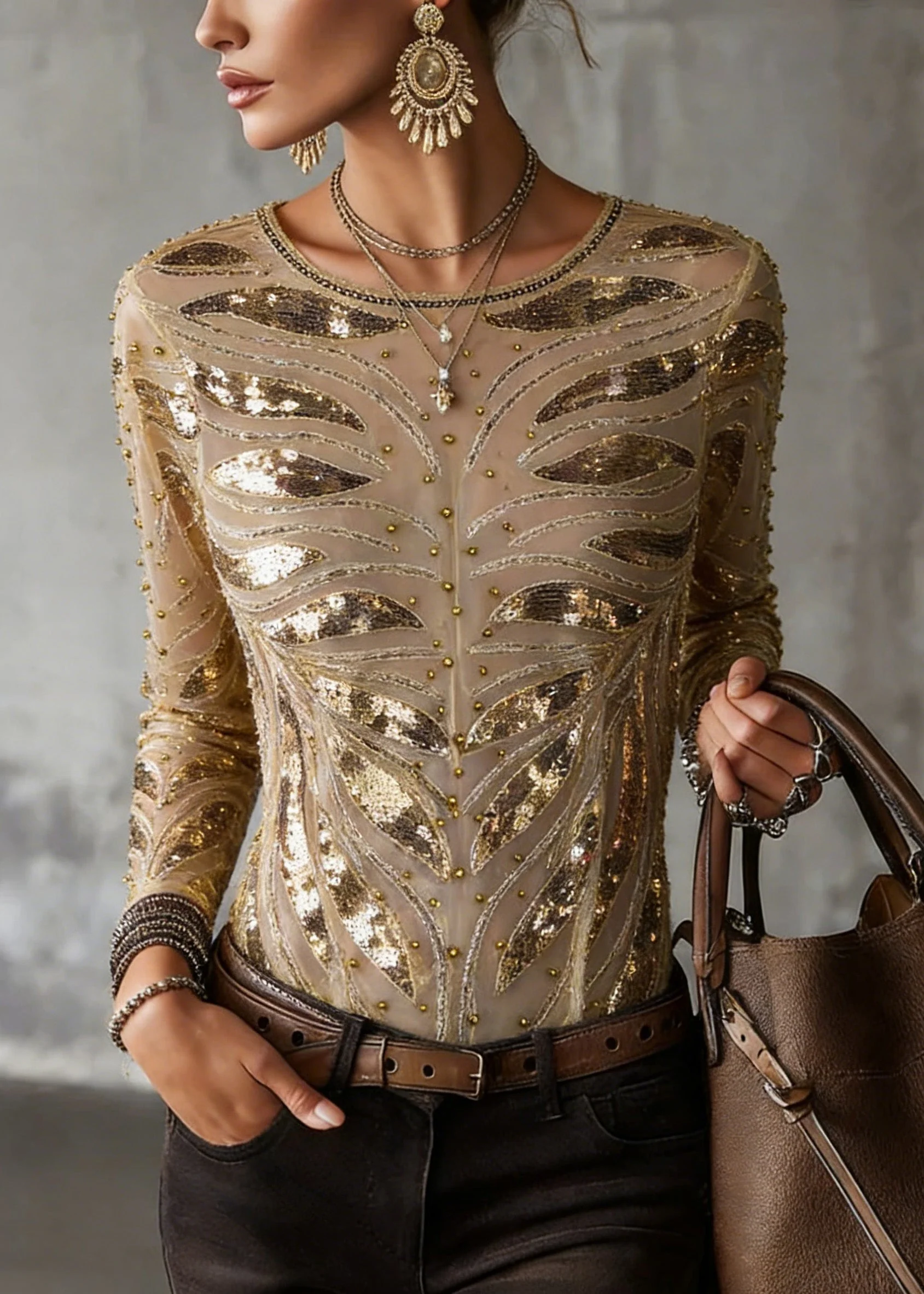 Chic Gold O Neck Nail Bead Slim Fit Tulle Top Spring - Image 3