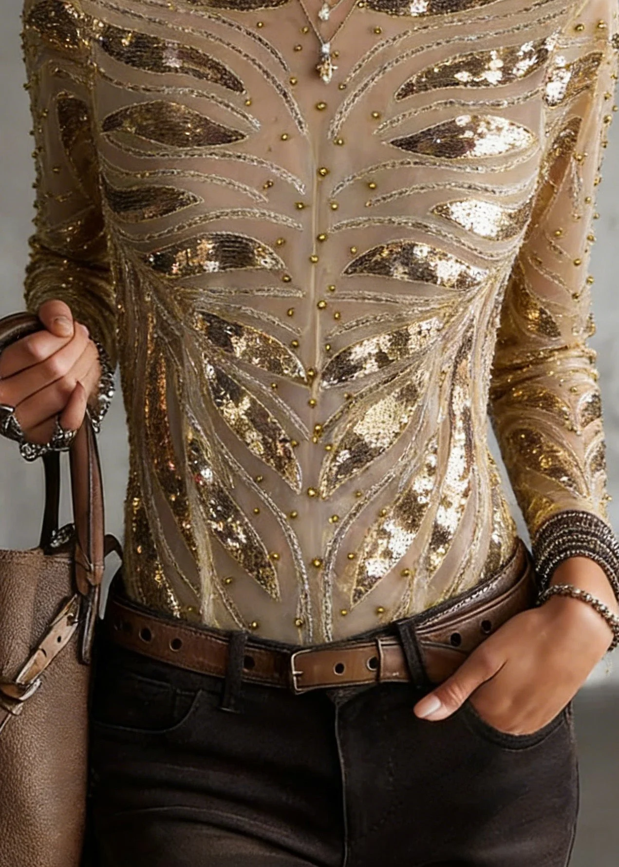 Chic Gold O Neck Nail Bead Slim Fit Tulle Top Spring - Image 4
