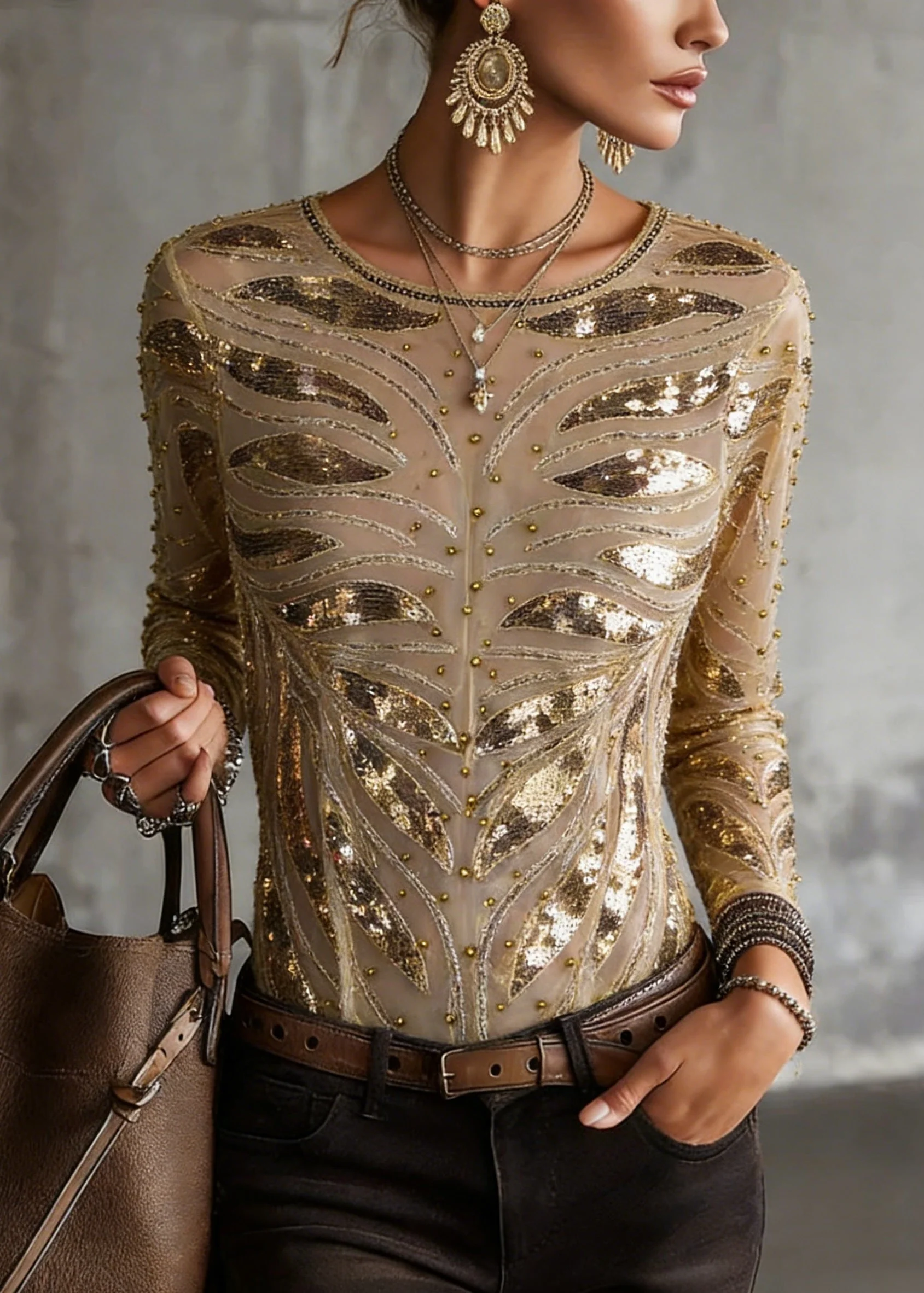 Chic Gold O Neck Nail Bead Slim Fit Tulle Top Spring - Image 5