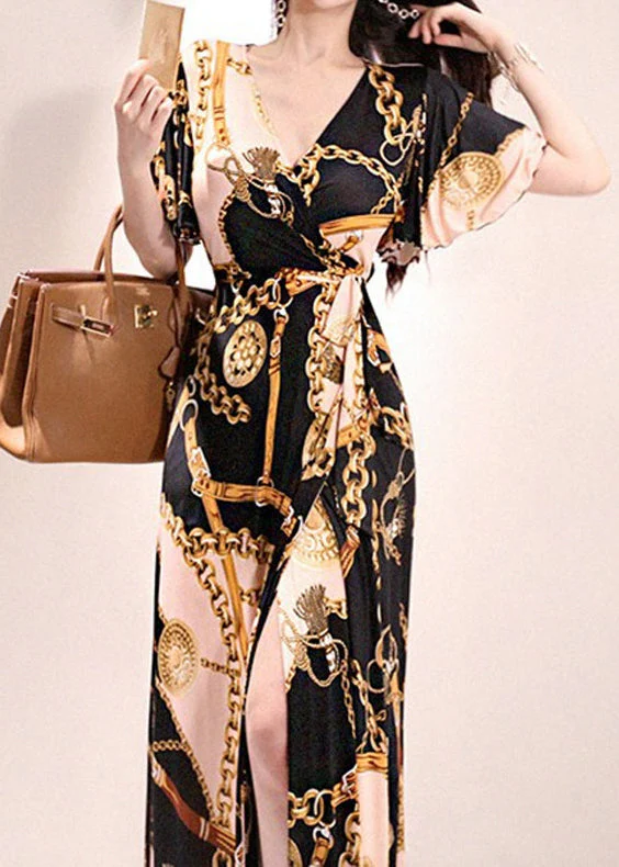Chic Gold V Neck Print Lace Up Cotton Long Dresses Summer - Image 2