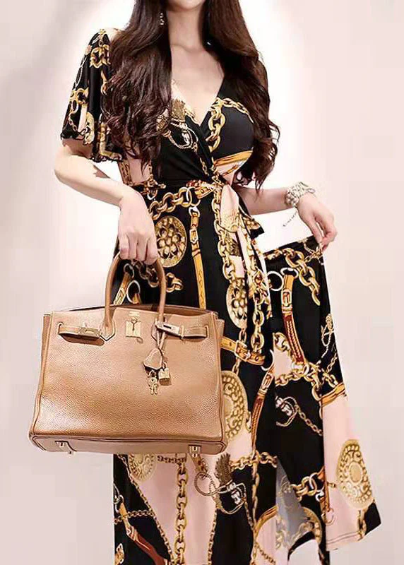 Chic Gold V Neck Print Lace Up Cotton Long Dresses Summer - Image 3
