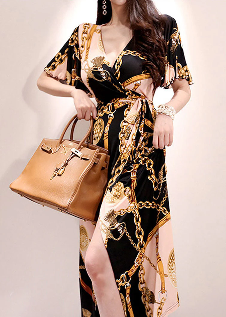 Chic Gold V Neck Print Lace Up Cotton Long Dresses Summer - Image 4