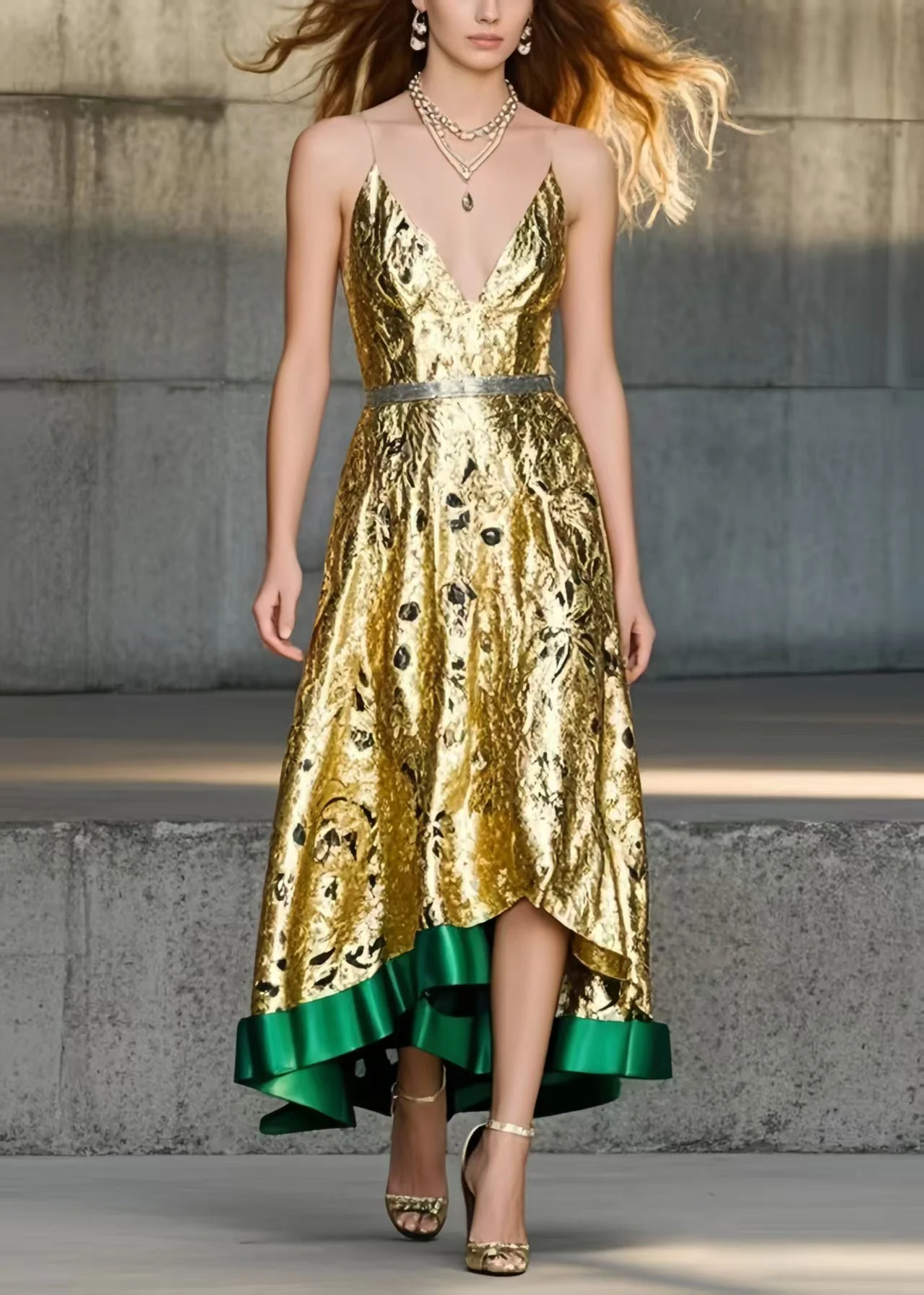 Chic Golden Jacquard Exra Large Hem Cami Dresses Summer - Image 5