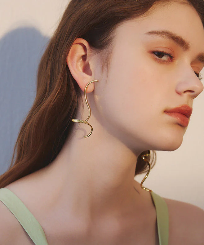 Chic Golden Low High Design Bend Design Metal Drop Earrings - Image 4