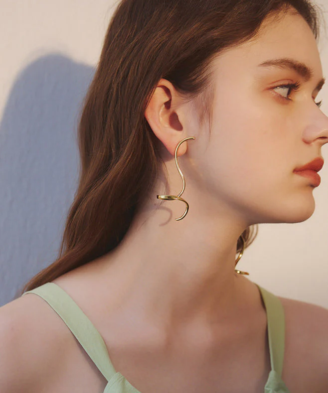 Chic Golden Low High Design Bend Design Metal Drop Earrings - Image 5