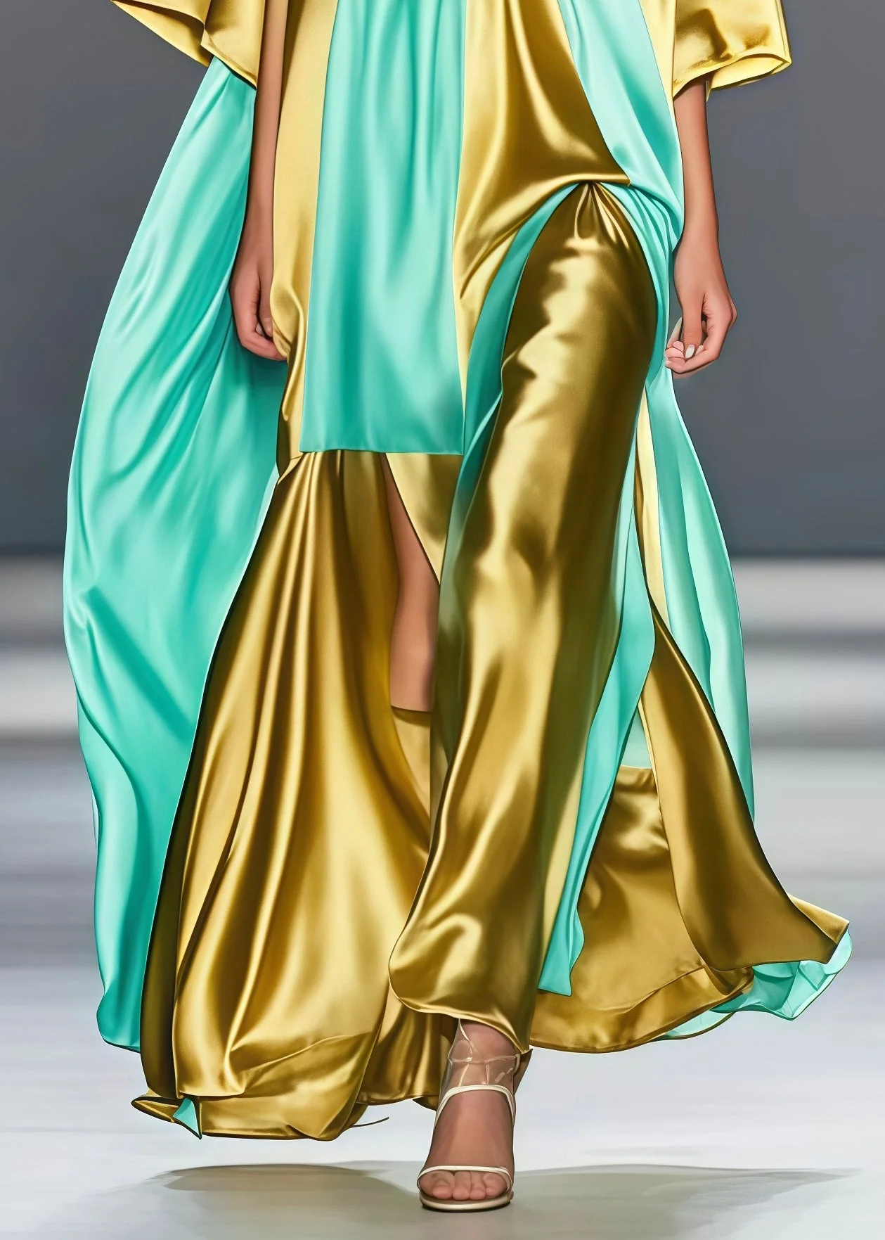 Chic Golden V Neck Patchwork Side Open Silk Long Dress Summer - Image 4