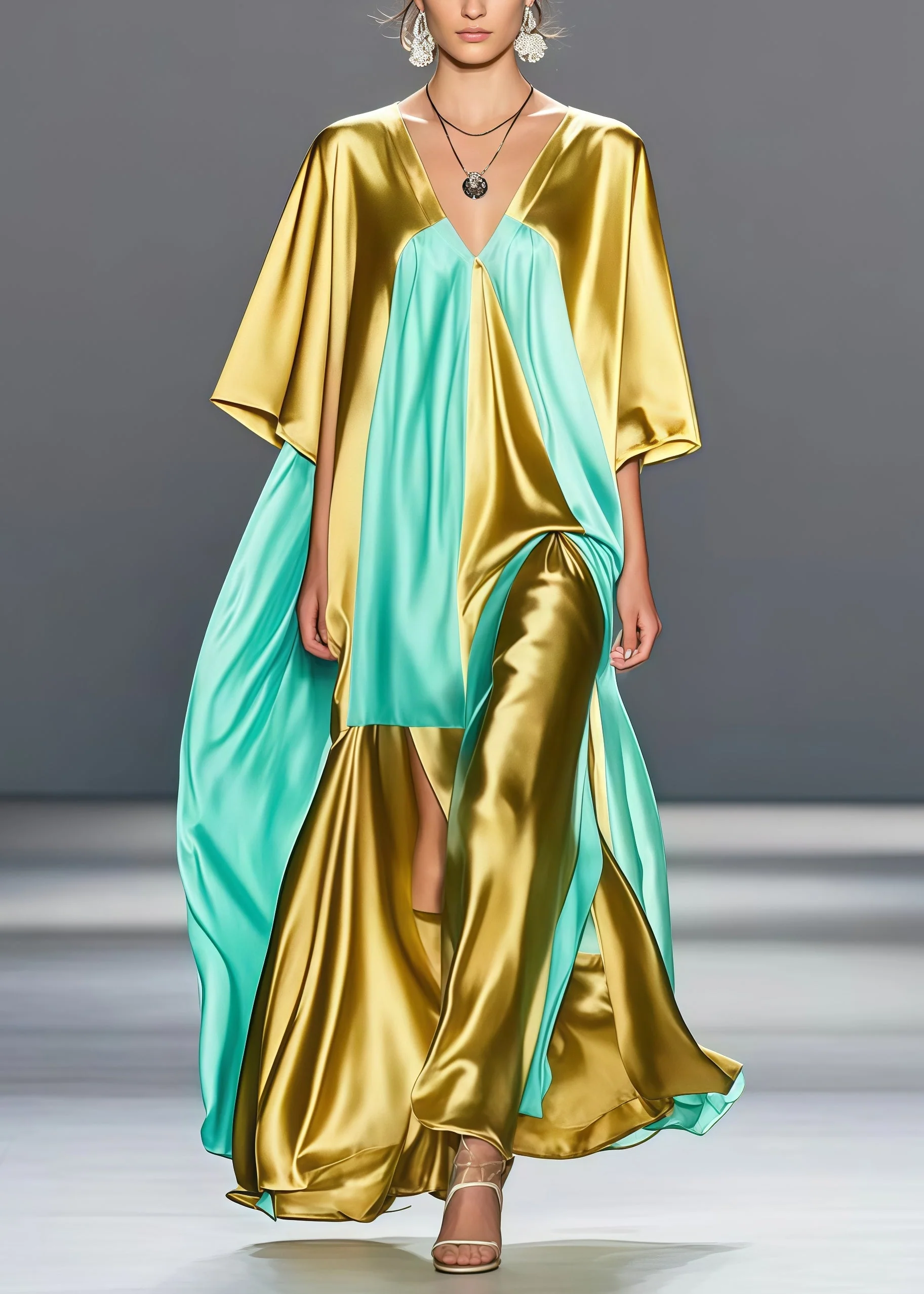 Chic Golden V Neck Patchwork Side Open Silk Long Dress Summer - Image 5
