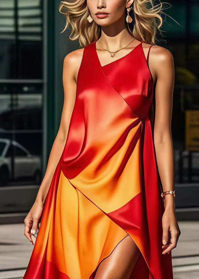 Chic Gradient Color Asymmetrical Design Silk Long Dress Summer - Image 2