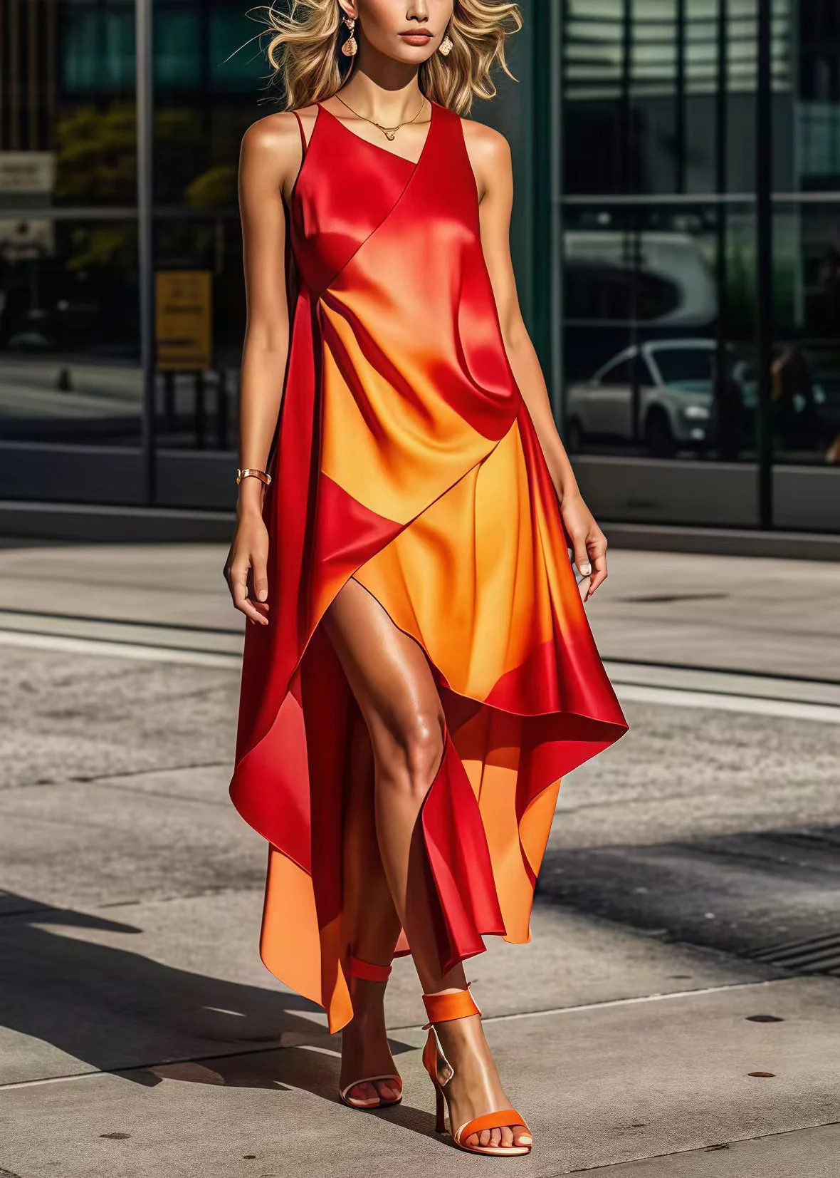 Chic Gradient Color Asymmetrical Design Silk Long Dress Summer - Image 3