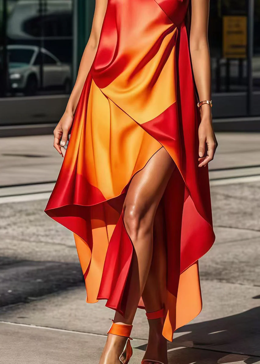 Chic Gradient Color Asymmetrical Design Silk Long Dress Summer - Image 4